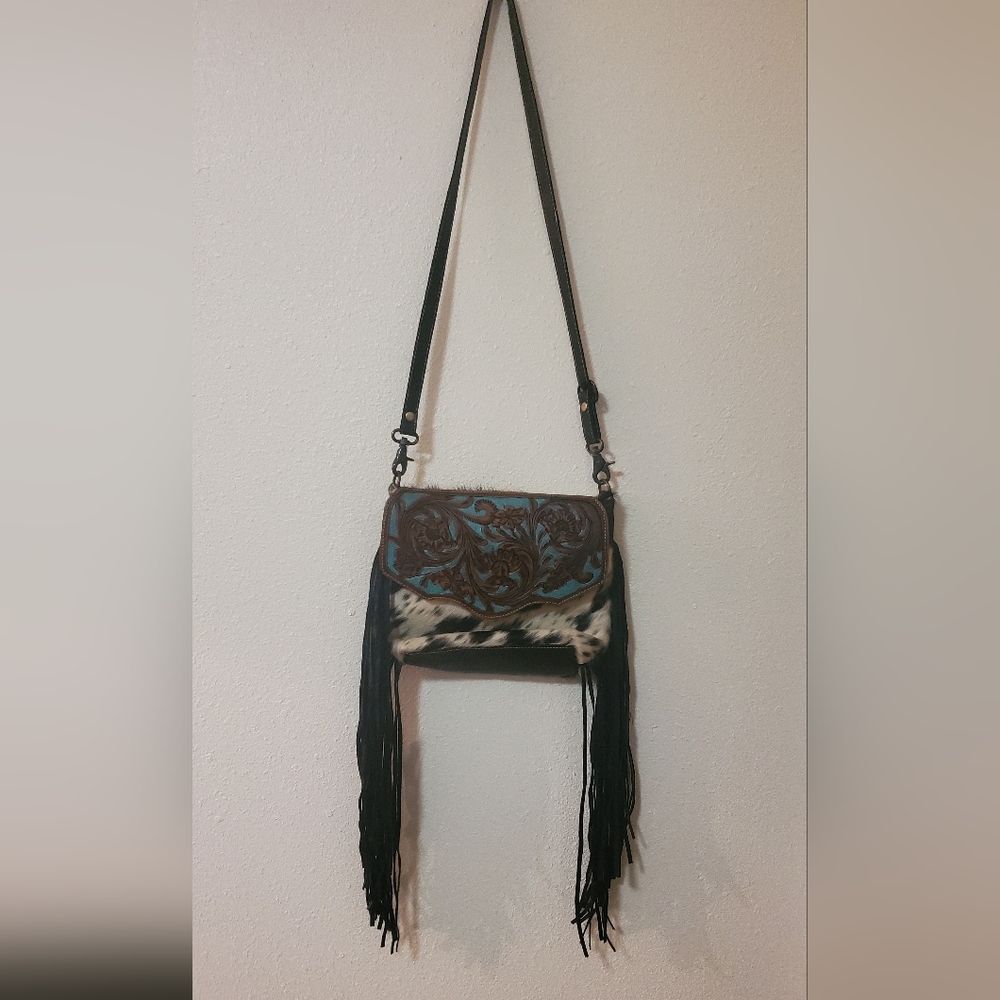 EUC Myra Floral Tooled Cowhide Fringe Crossbody